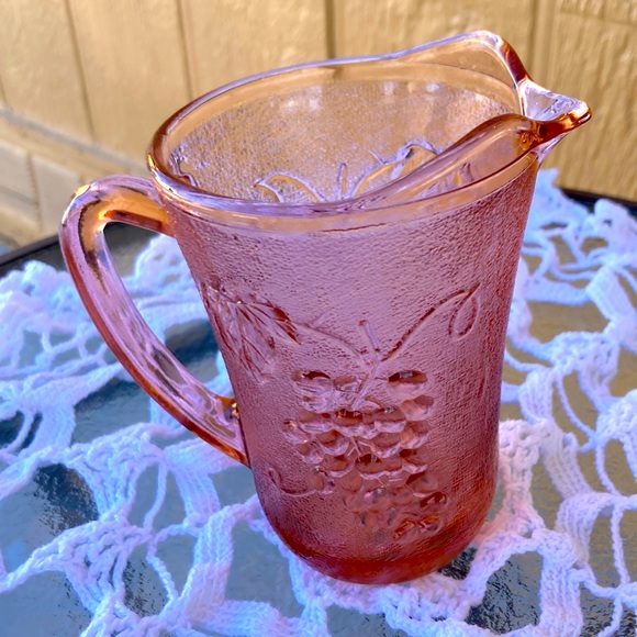Vintage Other - KIG Indonesia Pink Glass Small Pitcher Embossed Grapes 5” creamer syrup